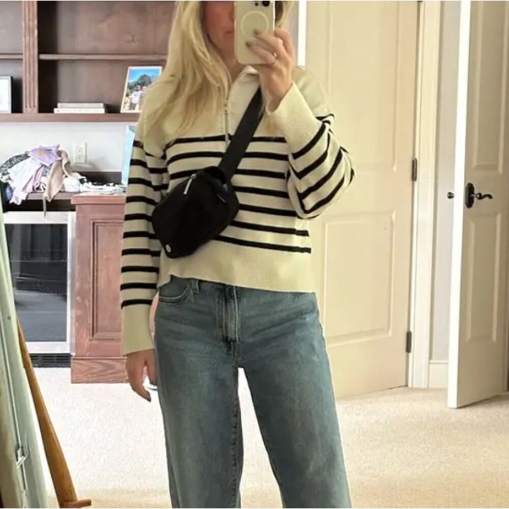 Marissa Webb Striped Quarter Zip Sweater SMALL Fold Over Oversized Nautical $265 - Picture 7 of 15